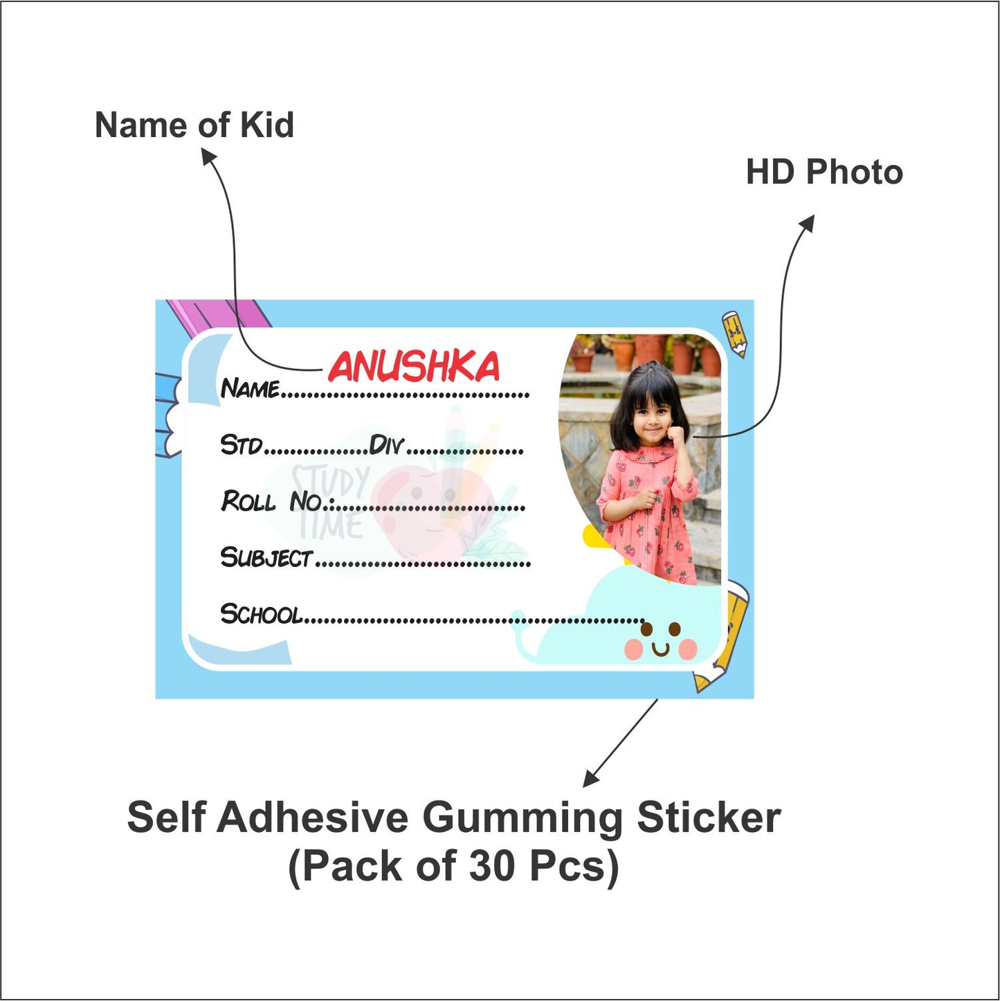 Personalized Photo Name Stickers for Kids School Supplies (30 Pcs) - Custom Labels for Books, Copies, Notebooks, Water Bottles, Lunch Boxes - Durable & Easy to Apply