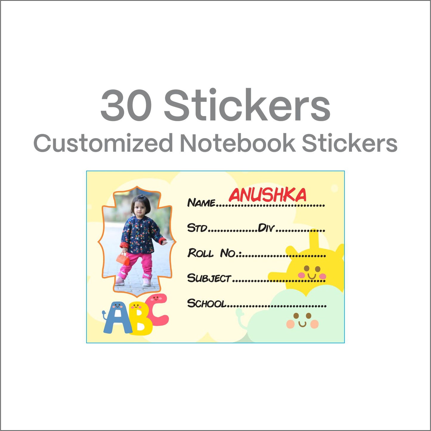Personalized Photo Name Stickers for Kids School Supplies (30 Pcs) - Custom Labels for Books, Copies, Notebooks, Water Bottles, Lunch Boxes - Durable & Easy to Apply
