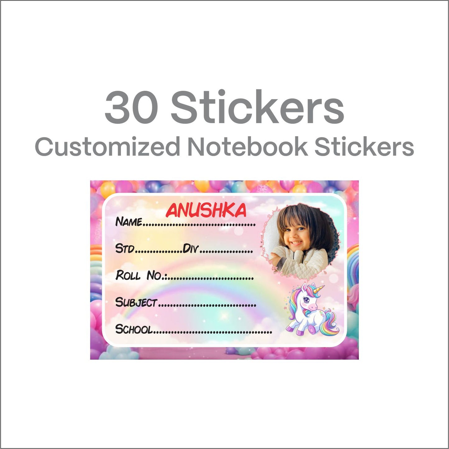 Personalized Photo Name Stickers for Kids School Supplies (30 Pcs) - Custom Labels for Books, Copies, Notebooks, Water Bottles, Lunch Boxes - Durable & Easy to Apply