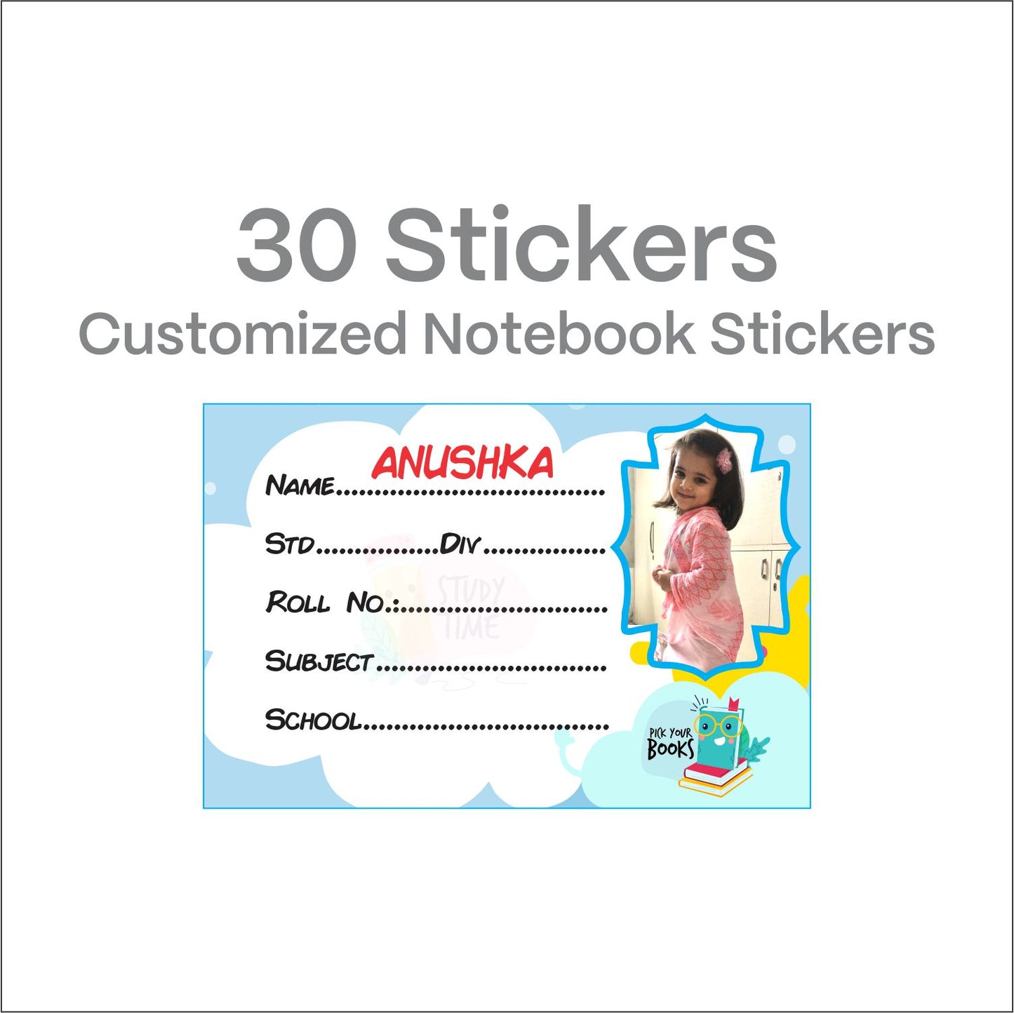 Personalized Photo Name Stickers for Kids School Supplies (30 Pcs) - Custom Labels for Books, Copies, Notebooks, Water Bottles, Lunch Boxes - Durable & Easy to Apply