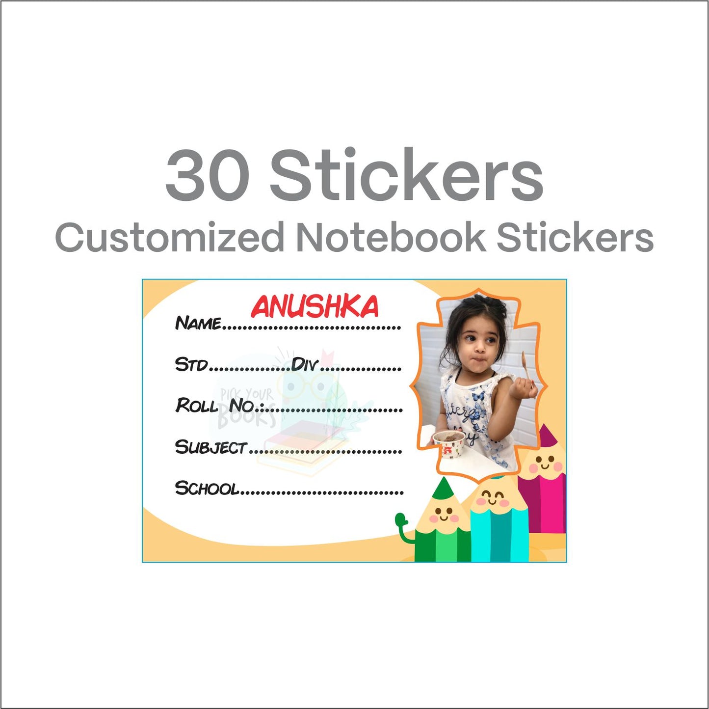 Personalized Photo Name Stickers for Kids School Supplies (30 Pcs) - Custom Labels for Books, Copies, Notebooks, Water Bottles, Lunch Boxes - Durable & Easy to Apply